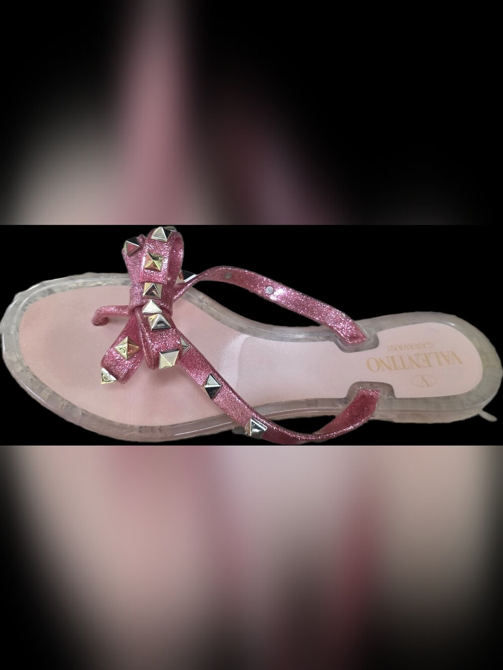Valentino Pink Glitter Studded Bow Thong Sandal